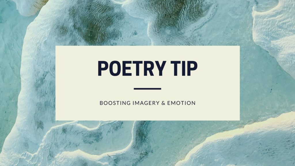 Waves surge across sand. The caption reads: Poetry tip- boosting imagery & emotion.